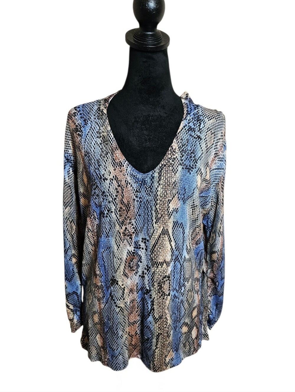 Vintage Y2K Alberto Makali Blue & Tan Snakeprint Embellished V-neck Top Size XL